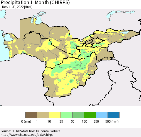 Central Asia Precipitation 1-Month (CHIRPS) Thematic Map For 12/1/2022 - 12/31/2022