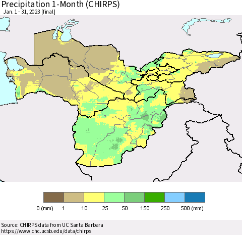 Central Asia Precipitation 1-Month (CHIRPS) Thematic Map For 1/1/2023 - 1/31/2023