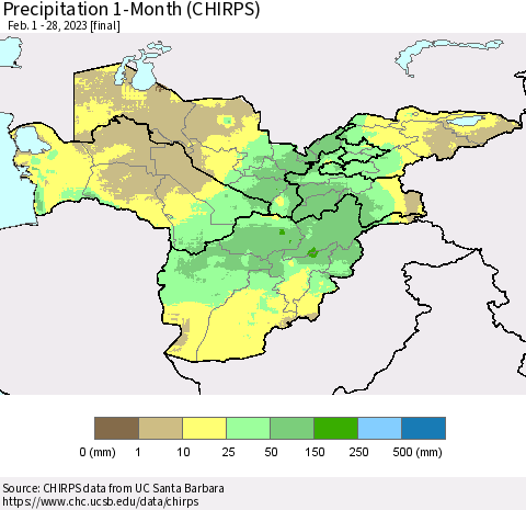 Central Asia Precipitation 1-Month (CHIRPS) Thematic Map For 2/1/2023 - 2/28/2023