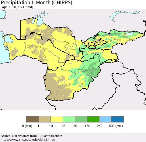 Central Asia Precipitation 1-Month (CHIRPS) Thematic Map For 4/1/2023 - 4/30/2023