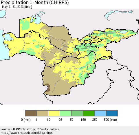 Central Asia Precipitation 1-Month (CHIRPS) Thematic Map For 5/1/2023 - 5/31/2023