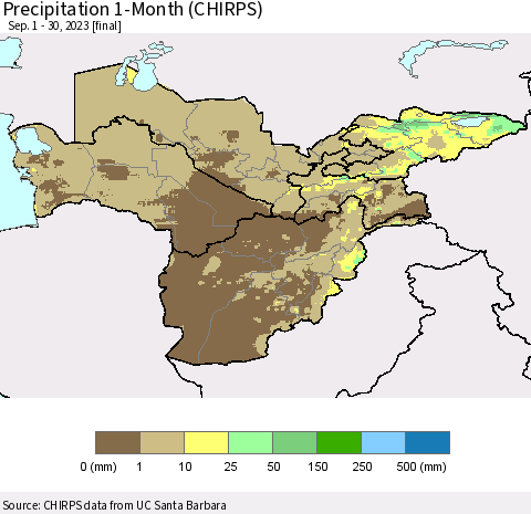 Central Asia Precipitation 1-Month (CHIRPS) Thematic Map For 9/1/2023 - 9/30/2023
