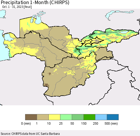 Central Asia Precipitation 1-Month (CHIRPS) Thematic Map For 10/1/2023 - 10/31/2023