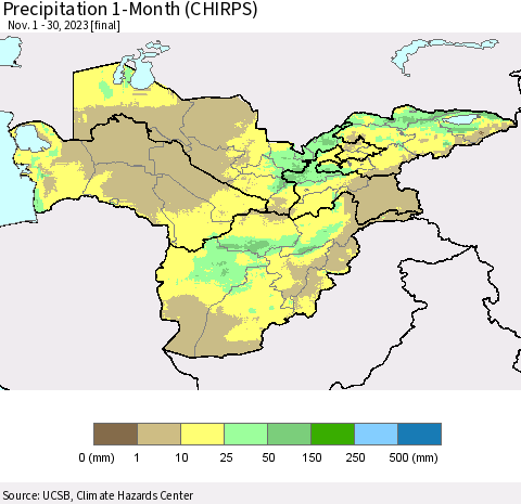 Central Asia Precipitation 1-Month (CHIRPS) Thematic Map For 11/1/2023 - 11/30/2023