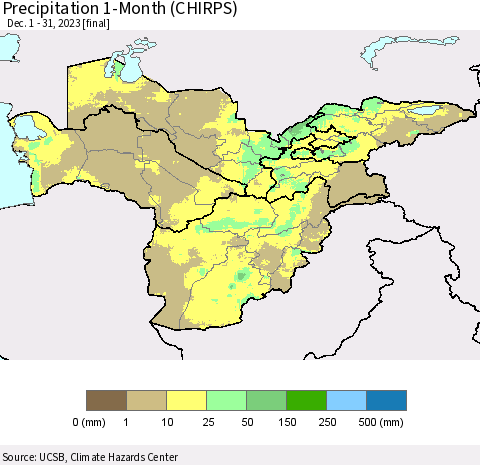Central Asia Precipitation 1-Month (CHIRPS) Thematic Map For 12/1/2023 - 12/31/2023