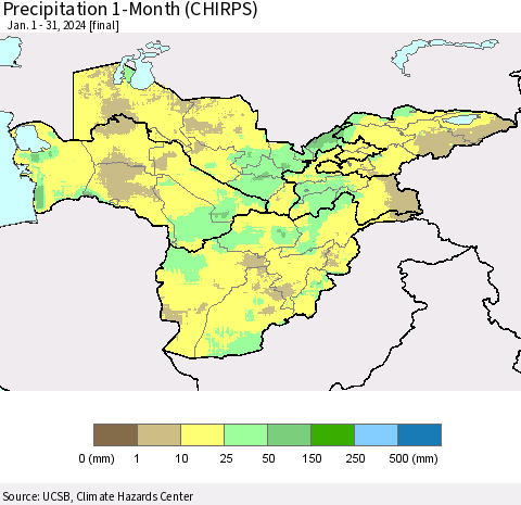 Central Asia Precipitation 1-Month (CHIRPS) Thematic Map For 1/1/2024 - 1/31/2024