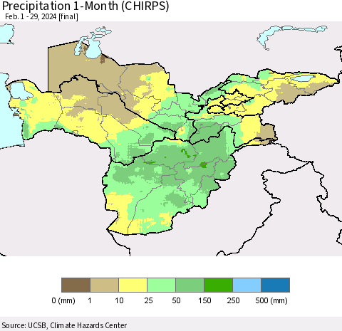 Central Asia Precipitation 1-Month (CHIRPS) Thematic Map For 2/1/2024 - 2/29/2024