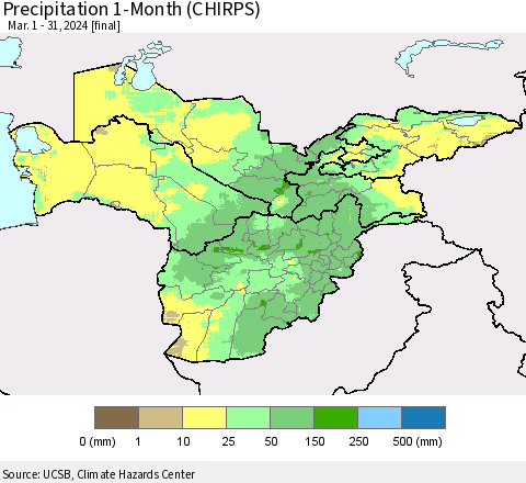 Central Asia Precipitation 1-Month (CHIRPS) Thematic Map For 3/1/2024 - 3/31/2024