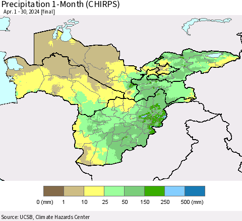 Central Asia Precipitation 1-Month (CHIRPS) Thematic Map For 4/1/2024 - 4/30/2024