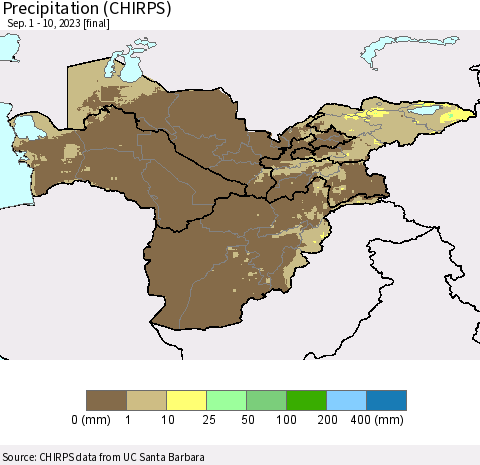 Central Asia Precipitation (CHIRPS) Thematic Map For 9/1/2023 - 9/10/2023