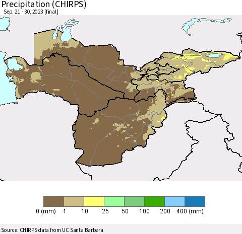 Central Asia Precipitation (CHIRPS) Thematic Map For 9/21/2023 - 9/30/2023