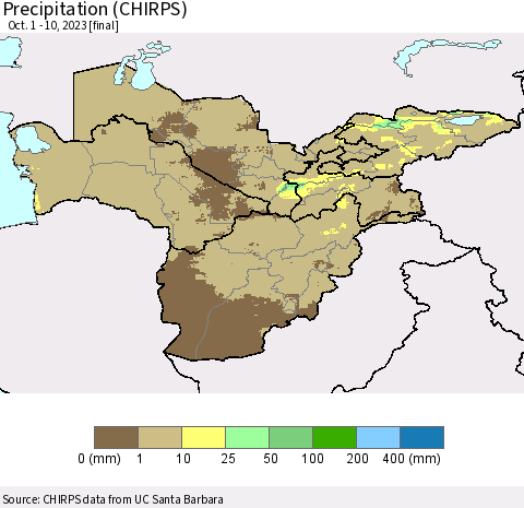 Central Asia Precipitation (CHIRPS) Thematic Map For 10/1/2023 - 10/10/2023
