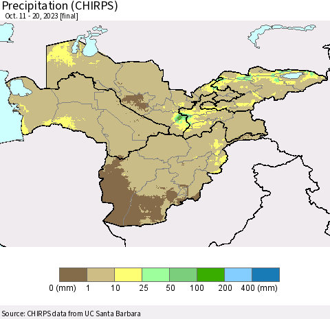 Central Asia Precipitation (CHIRPS) Thematic Map For 10/11/2023 - 10/20/2023