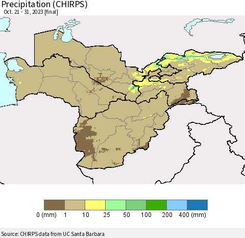 Central Asia Precipitation (CHIRPS) Thematic Map For 10/21/2023 - 10/31/2023