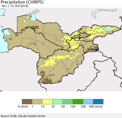 Central Asia Precipitation (CHIRPS) Thematic Map For 11/1/2023 - 11/10/2023