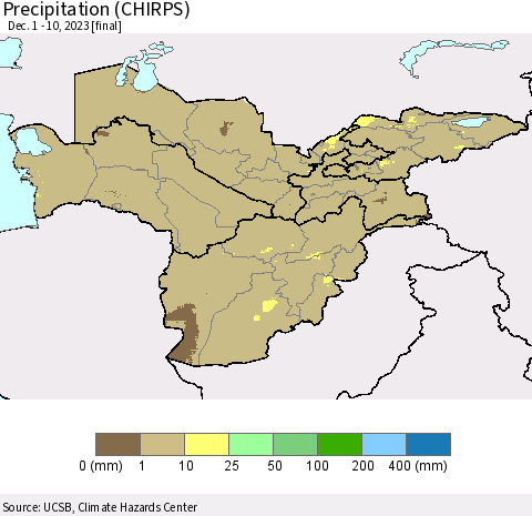 Central Asia Precipitation (CHIRPS) Thematic Map For 12/1/2023 - 12/10/2023