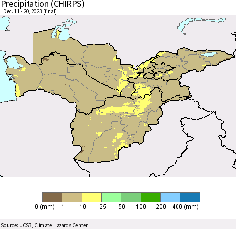 Central Asia Precipitation (CHIRPS) Thematic Map For 12/11/2023 - 12/20/2023
