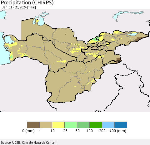 Central Asia Precipitation (CHIRPS) Thematic Map For 1/11/2024 - 1/20/2024