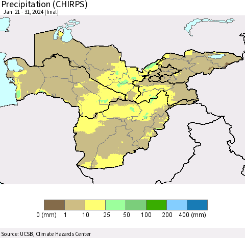 Central Asia Precipitation (CHIRPS) Thematic Map For 1/21/2024 - 1/31/2024