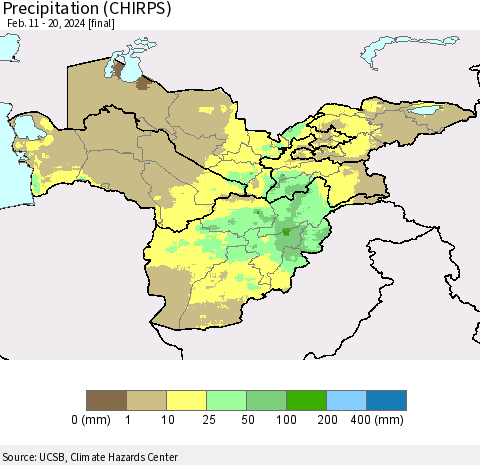 Central Asia Precipitation (CHIRPS) Thematic Map For 2/11/2024 - 2/20/2024