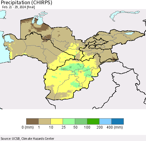 Central Asia Precipitation (CHIRPS) Thematic Map For 2/21/2024 - 2/29/2024