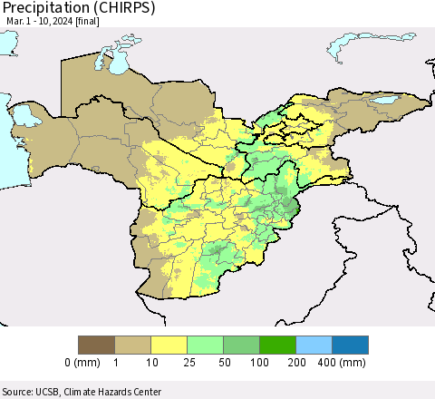 Central Asia Precipitation (CHIRPS) Thematic Map For 3/1/2024 - 3/10/2024
