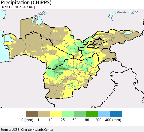 Central Asia Precipitation (CHIRPS) Thematic Map For 3/11/2024 - 3/20/2024