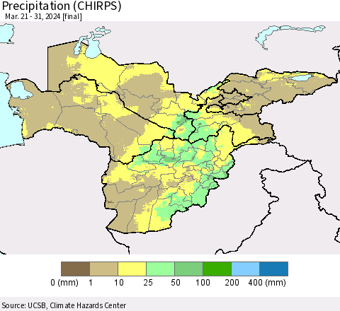Central Asia Precipitation (CHIRPS) Thematic Map For 3/21/2024 - 3/31/2024