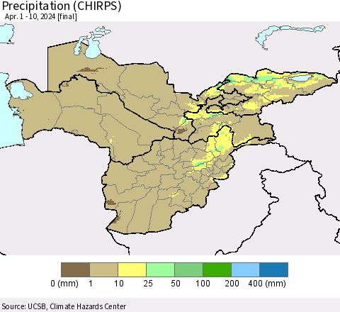 Central Asia Precipitation (CHIRPS) Thematic Map For 4/1/2024 - 4/10/2024