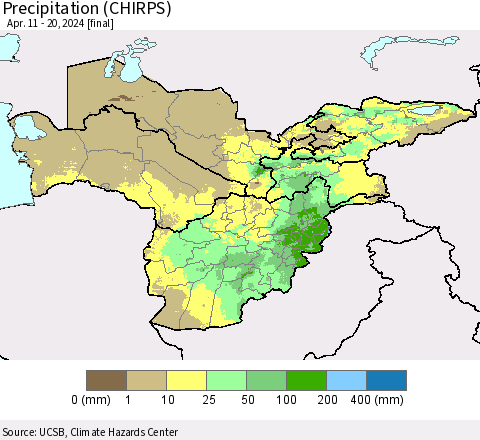 Central Asia Precipitation (CHIRPS) Thematic Map For 4/11/2024 - 4/20/2024