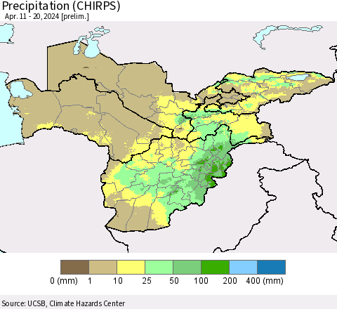 Central Asia Precipitation (CHIRPS) Thematic Map For 4/11/2024 - 4/20/2024