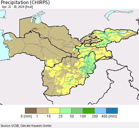 Central Asia Precipitation (CHIRPS) Thematic Map For 4/21/2024 - 4/30/2024