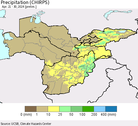 Central Asia Precipitation (CHIRPS) Thematic Map For 4/21/2024 - 4/30/2024