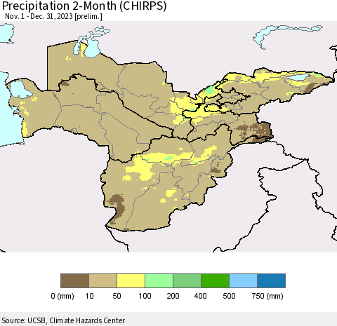 Central Asia Precipitation 2-Month (CHIRPS) Thematic Map For 11/1/2023 - 12/31/2023