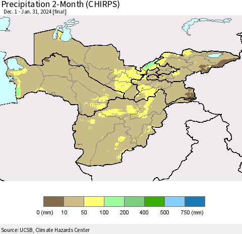 Central Asia Precipitation 2-Month (CHIRPS) Thematic Map For 12/1/2023 - 1/31/2024