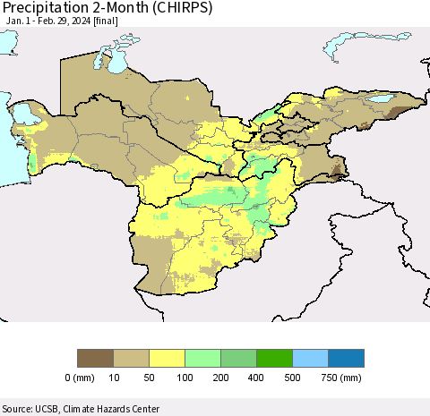 Central Asia Precipitation 2-Month (CHIRPS) Thematic Map For 1/1/2024 - 2/29/2024
