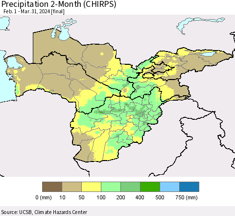 Central Asia Precipitation 2-Month (CHIRPS) Thematic Map For 2/1/2024 - 3/31/2024