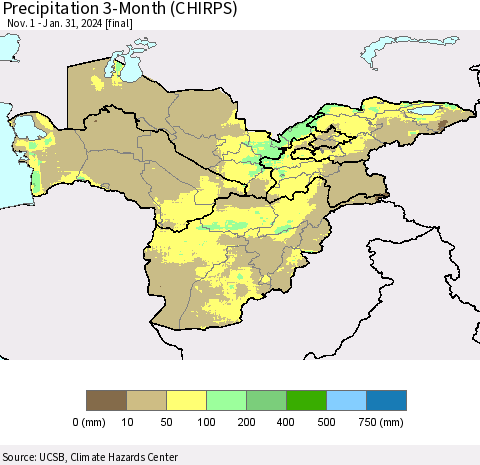 Central Asia Precipitation 3-Month (CHIRPS) Thematic Map For 11/1/2023 - 1/31/2024