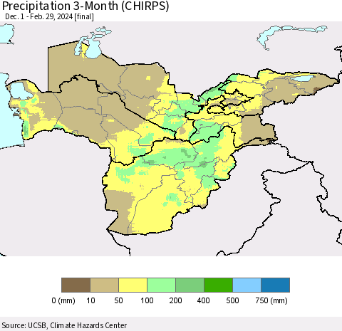 Central Asia Precipitation 3-Month (CHIRPS) Thematic Map For 12/1/2023 - 2/29/2024