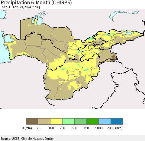 Central Asia Precipitation 6-Month (CHIRPS) Thematic Map For 9/1/2023 - 2/29/2024
