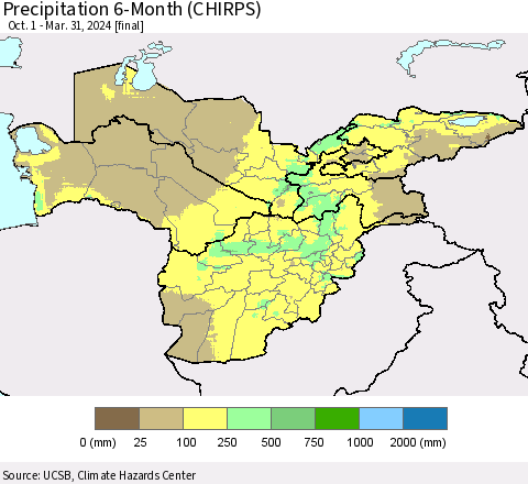 Central Asia Precipitation 6-Month (CHIRPS) Thematic Map For 10/1/2023 - 3/31/2024