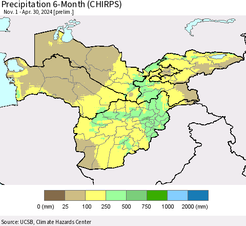 Central Asia Precipitation 6-Month (CHIRPS) Thematic Map For 11/1/2023 - 4/30/2024