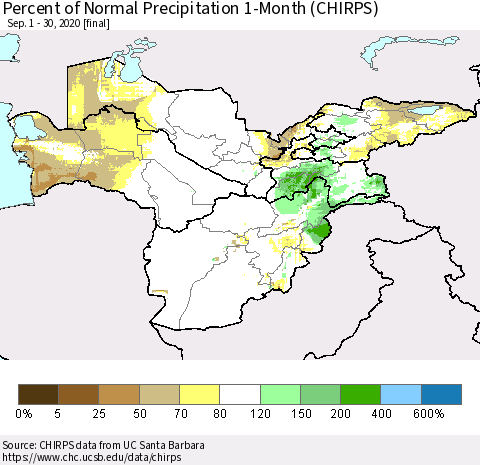 Central Asia Percent of Normal Precipitation 1-Month (CHIRPS) Thematic Map For 9/1/2020 - 9/30/2020