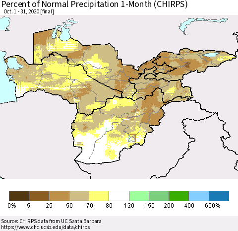 Central Asia Percent of Normal Precipitation 1-Month (CHIRPS) Thematic Map For 10/1/2020 - 10/31/2020