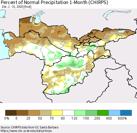 Central Asia Percent of Normal Precipitation 1-Month (CHIRPS) Thematic Map For 12/1/2020 - 12/31/2020