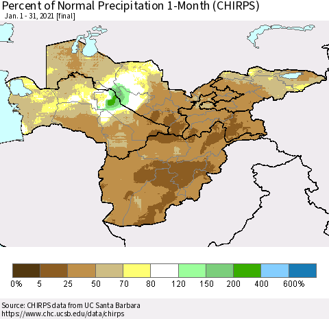 Central Asia Percent of Normal Precipitation 1-Month (CHIRPS) Thematic Map For 1/1/2021 - 1/31/2021