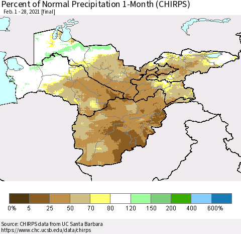 Central Asia Percent of Normal Precipitation 1-Month (CHIRPS) Thematic Map For 2/1/2021 - 2/28/2021