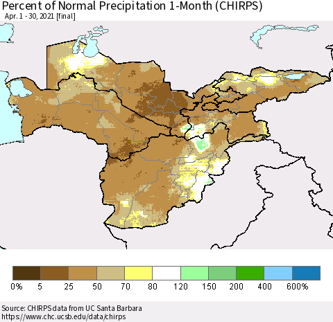 Central Asia Percent of Normal Precipitation 1-Month (CHIRPS) Thematic Map For 4/1/2021 - 4/30/2021