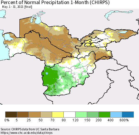Central Asia Percent of Normal Precipitation 1-Month (CHIRPS) Thematic Map For 5/1/2021 - 5/31/2021