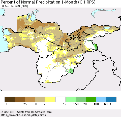 Central Asia Percent of Normal Precipitation 1-Month (CHIRPS) Thematic Map For 6/1/2021 - 6/30/2021